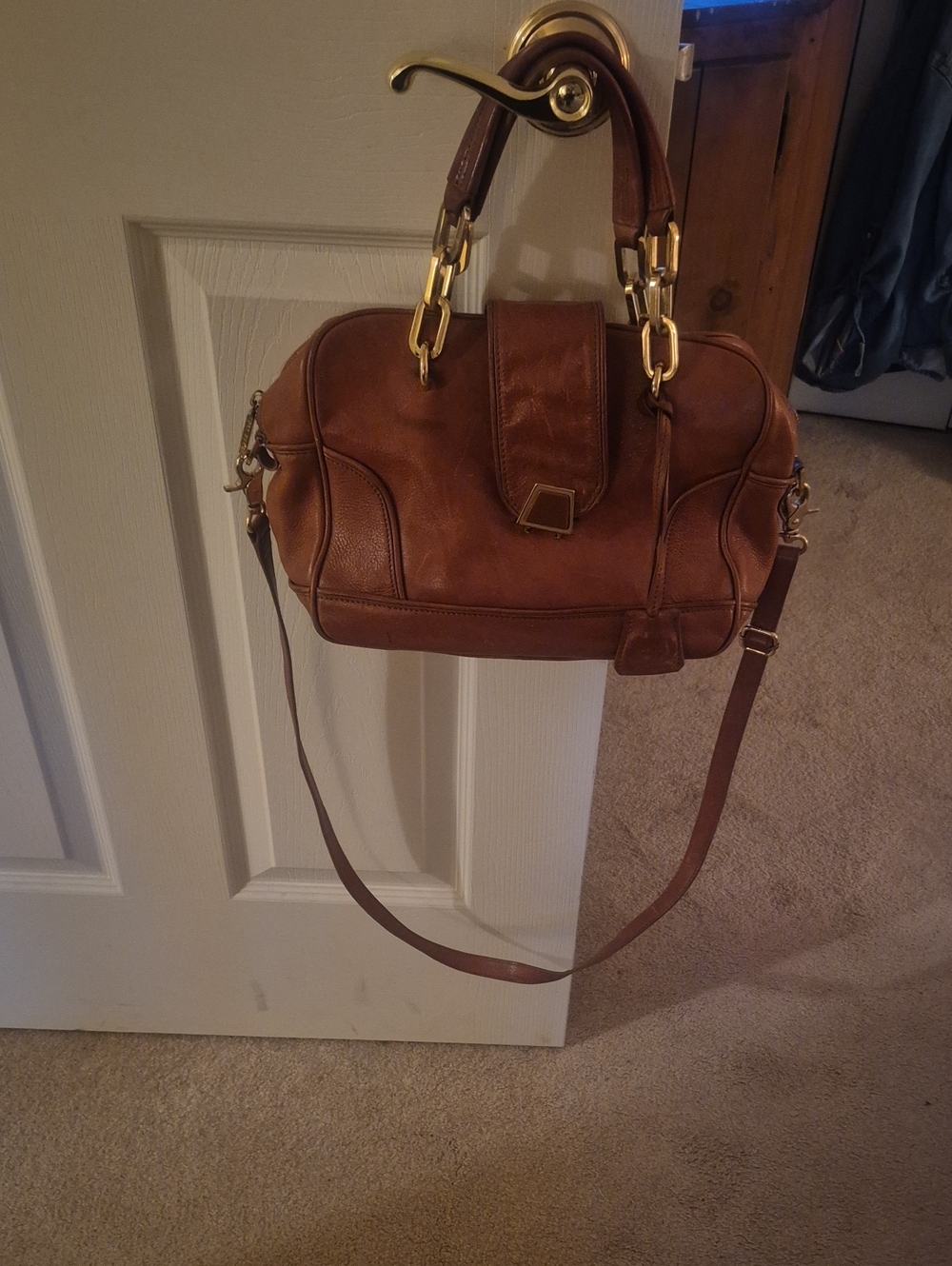 Tory Burch Cognac Brown Leather Crossbody Satchel with Gold Hardware